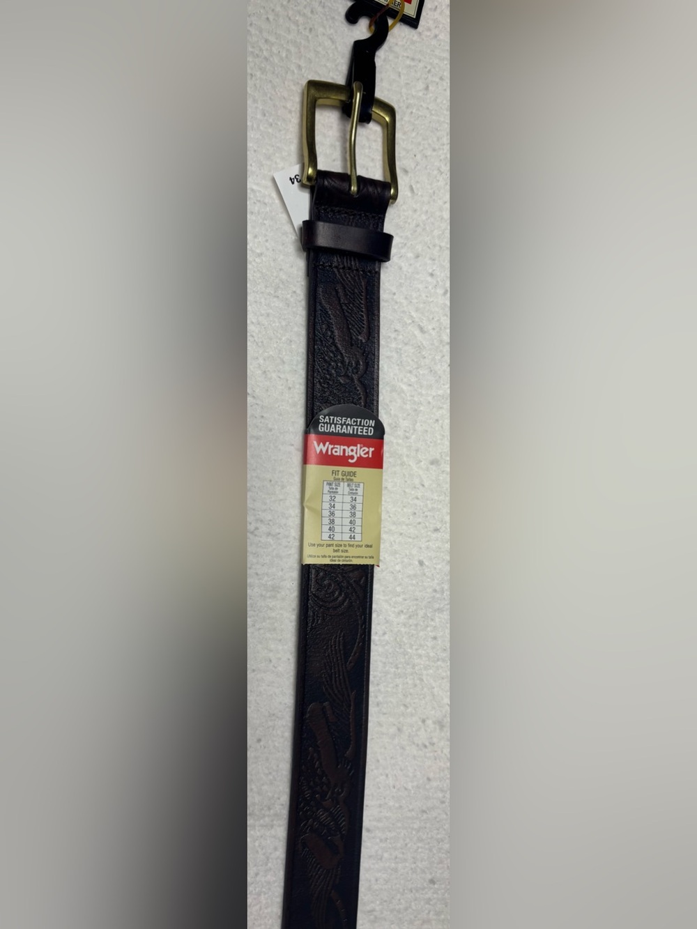 Wrangler Dark Brown Embossed Leather Belt with Brass Buckle NWT size 34